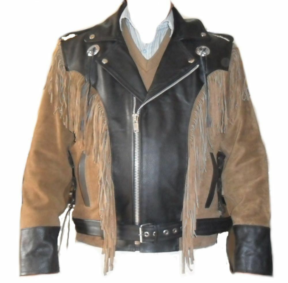 Men Suede Cowhide Leather Jacket Cow-boy Fringed Western Wear ...