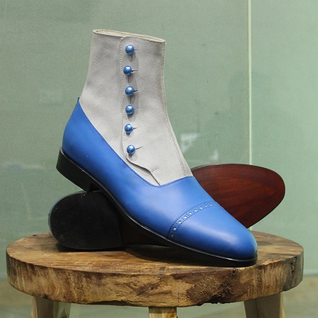 New Mens Handmade Stylish Formal Boot, White Suede & Blue Leather ...