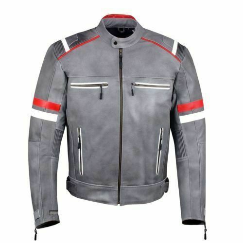 New Men's Handmade Jackets Grey Leather Zipper Style Strips Biker ...