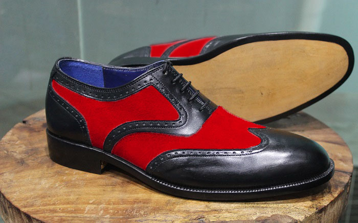 Mens New Handmade Formal Shoes Black Leather & Red Suede Wing tip ...