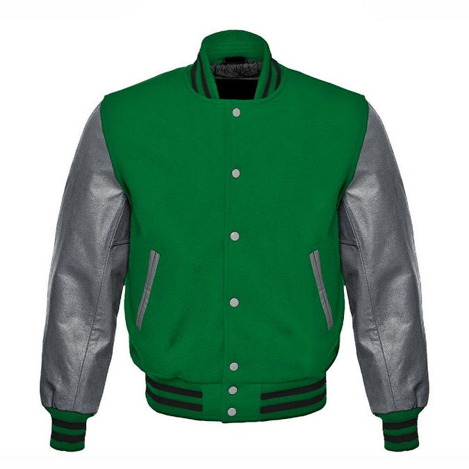 Men's Hand-Stitched Navy Green Wool & Grey Real Leather Sleeves Varsity ...