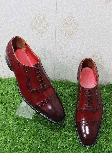 New Men's Handmade Formal Shoes Double Tone Burgundy Leather Lace Up ...