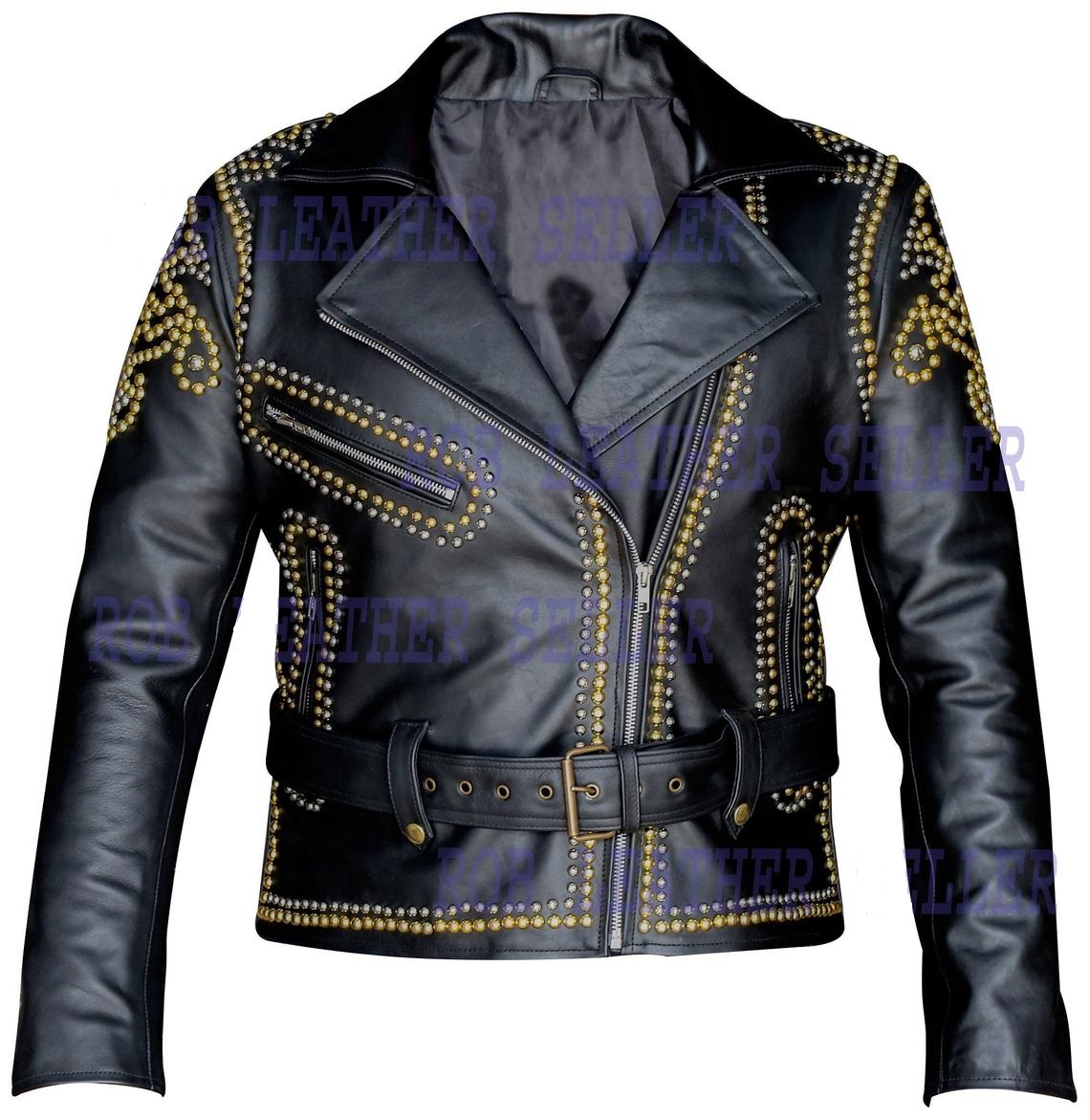 Golden Black Brando Belted Leather Jacket, Golden Studded Leather ...