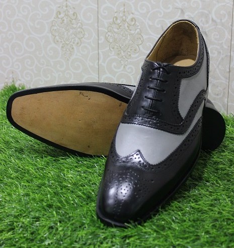 New Men's Handmade Formal Grey & Black Leather Lace Up Wing Tip Style ...