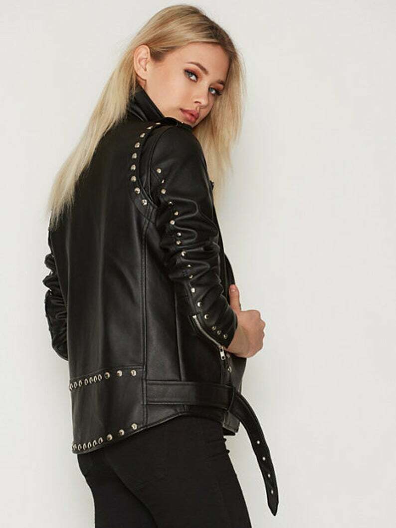 Women's Biker Silver Studded Magnificent Leather Jacket Brando All ...