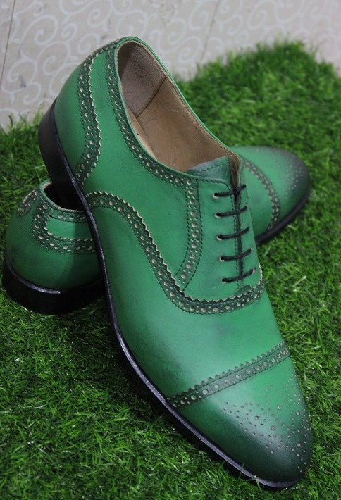 New Mens Handmade Formal Shoes Green Leather Cap Toe Brogue Oxford ...