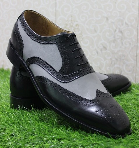 New Men's Handmade Formal Grey & Black Leather Lace Up Wing Tip Style ...