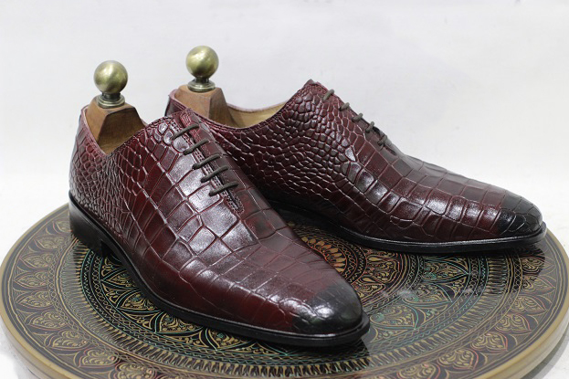 New Men's Handmade Formal Leather Shoes Burgundy Crocodile Textured ...