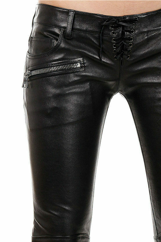 Women Black Pants Genuine Leather Waist Belted, Multi Zipper Pockets ...