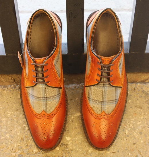 Men's Handmade Shoes Tan Brown Leather With Check Print cloth Lace Up ...