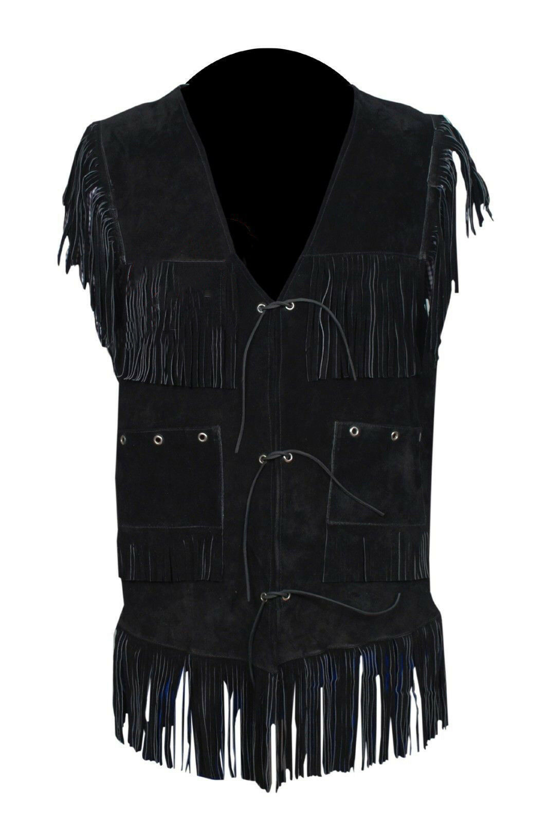 Men Black Suede Leather Waistcoat Native American Cow-boy Fringed Robe ...