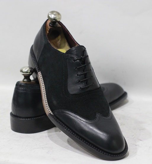 Handmade Men's Leather Shoes Black Leather & Suede Wing Tip Style Lace ...