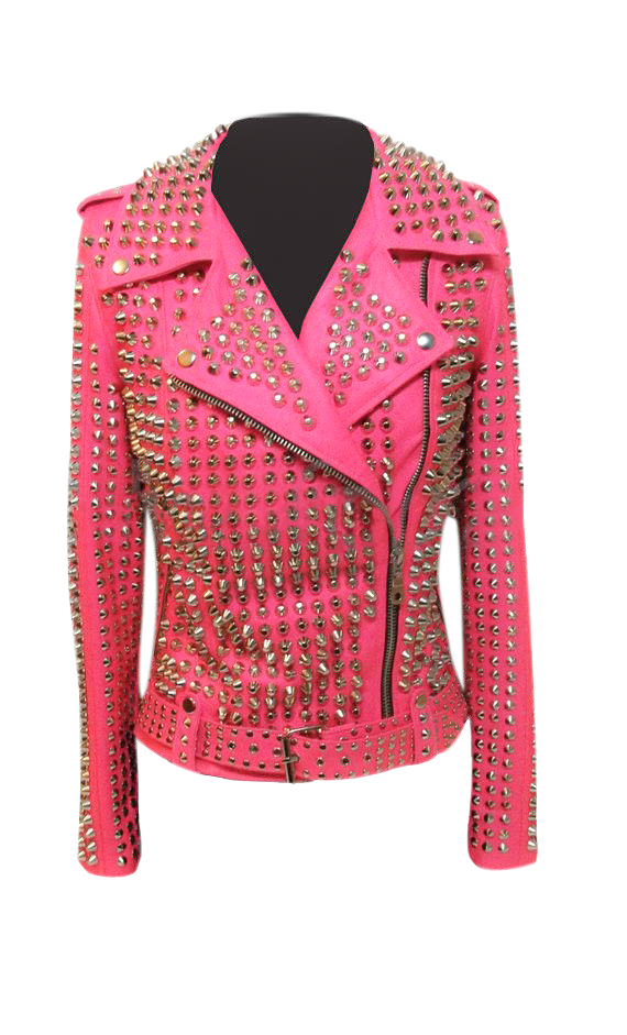 Women Leather Jacket Pink Heavy Gold & Silver Spiked Studded Punk ...