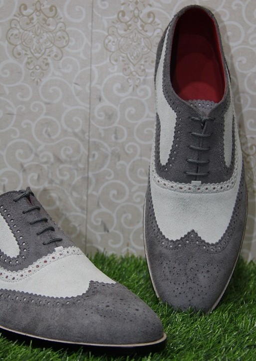 New Mens Handmade Formal Shoes White & Grey Suede Wingtip Two Tone Lace ...