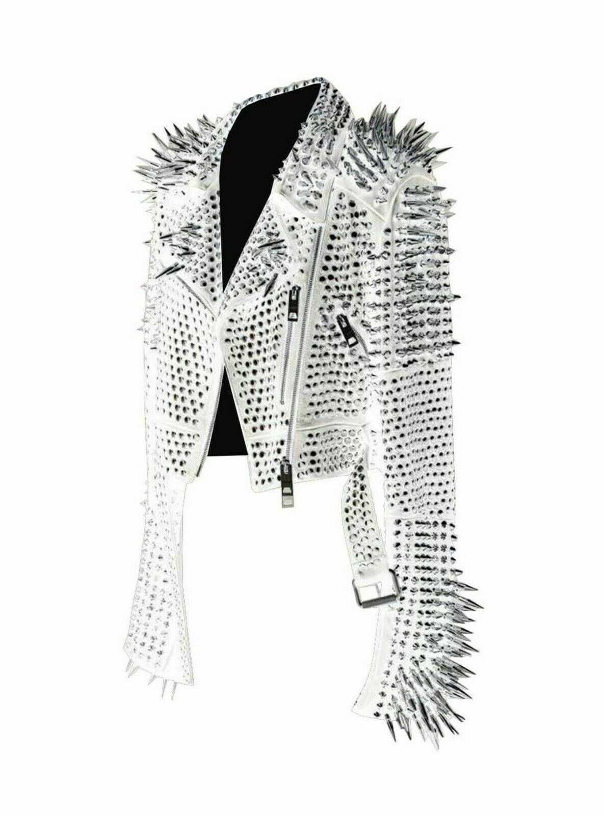 New Women Full White Punk Silver Long Spiked Studded Leather Brando ...