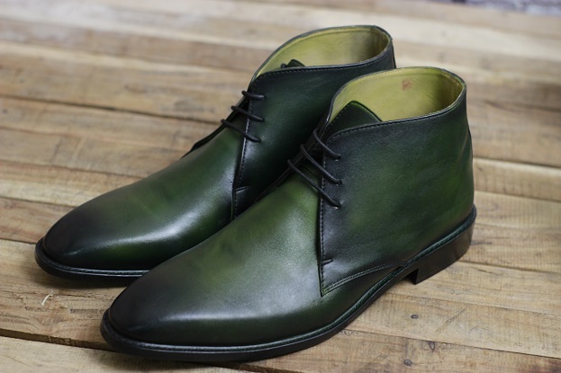 New Men's Handmade Shoes Green Leather Ankle High Stylish Chukka Dress ...