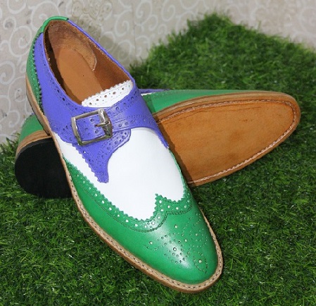 New Men's Handmade Formal Shoes Multi Colored Leather Single Monk Wing ...
