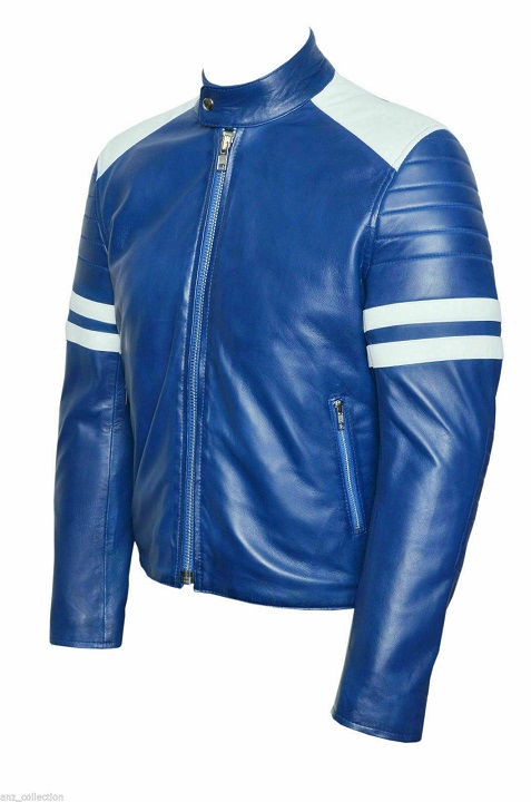 Men's Hand Stitched Fashion Leather Biker Jacket Blue Leather & White ...