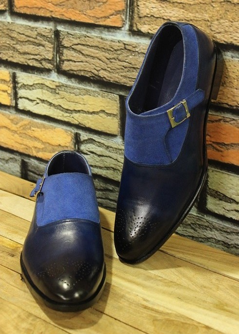 Mens New Handmade Shoes Blue Suede Cow Leather Monk Brogue Toe Oxford ...