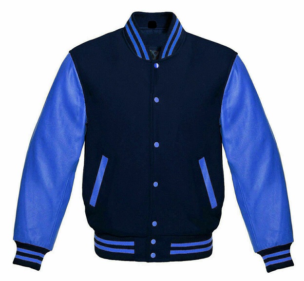 Men's Custom Made Varsity Bomber Letterman Baseball Blue Wool & Leather ...