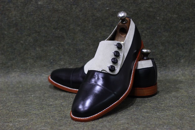 Men's Handmade Formal Shoes Two Tone Black Leather & Beige Suede Button ...