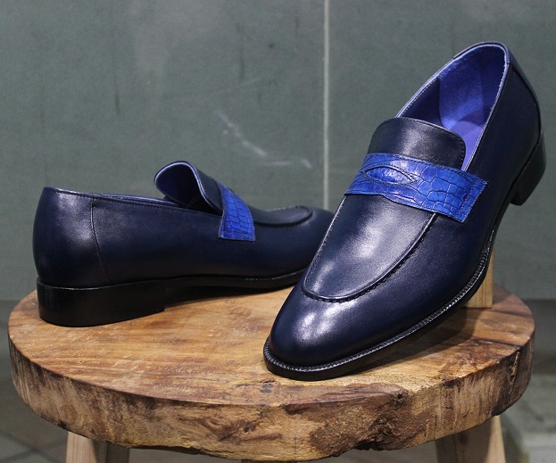 New Mens Handmade Formal Shoes Blue Leather Slip on Dress Loafer Casual ...