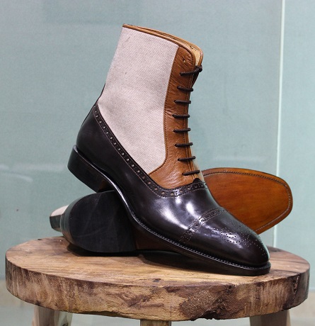 Men's Handmade Brown leather brogue Cap toe ankle high boot men's brown ...
