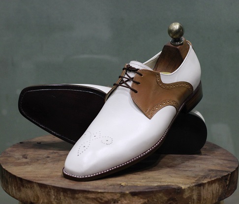 Men's Handmade Formal Shoes White Brown Leather Stylish Lace Up Dress ...