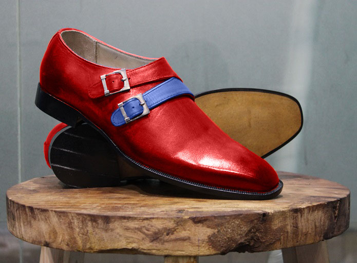 Men's New Handmade Formal Shoes Two Tone Red Leather with Blue Strap ...