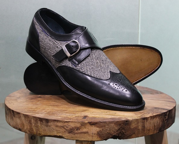 New Mens Handstiched Formal Shoes Black Leather & Grey Tweed Single ...