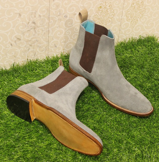New Mens Handmade Formal Shoes Grey Suede Chelsea Ankle High Boots ...